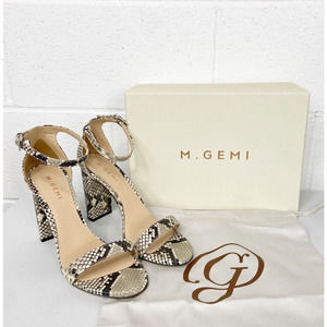 M. Gemi Beige and Black Snakeskin Block Heel Sandals